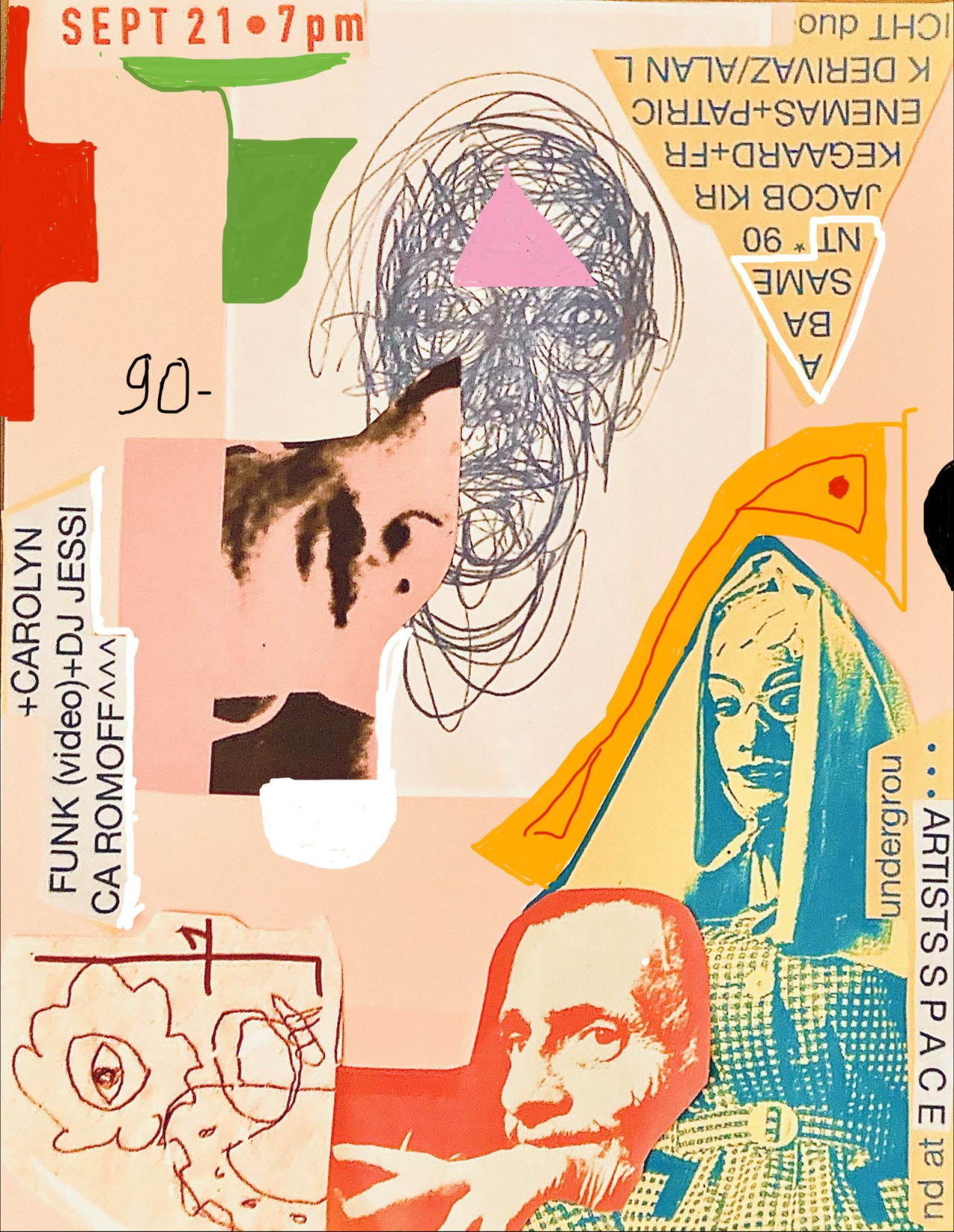Magazine cut-outs and ink drawings are collaged together on a background of yellow, orange, green, and red paper. Small pieces of paper with typewritten text listing the performers and event details are scattered around the flyer.