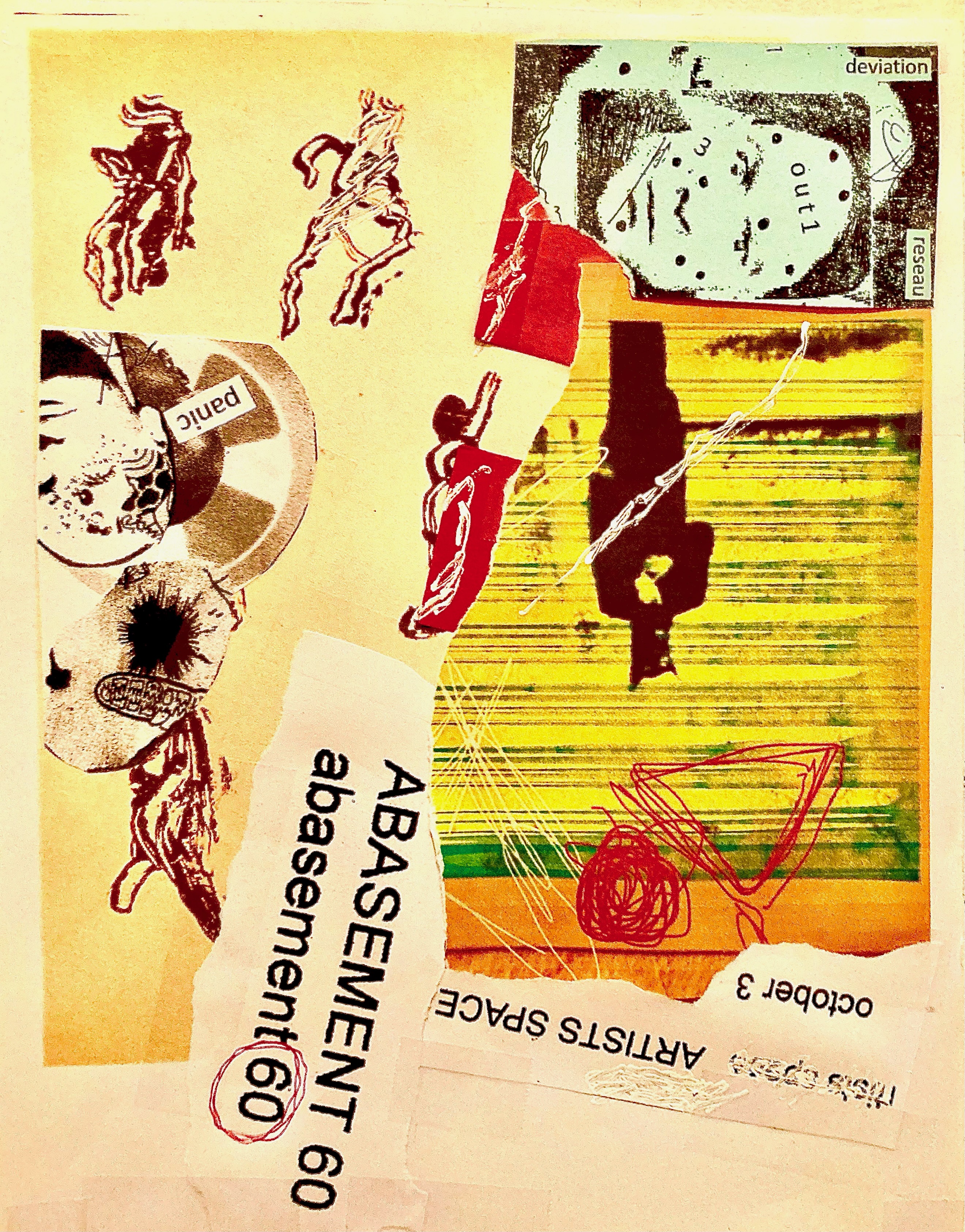 Black and white printed images are collaged over a yellow and beige background, with scribbles of red and white ink. In the bottom middle a torn piece of paper reads sideways: 