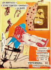 Collaged atop a yellow and orange field is a series of abstract graphic elements and an upside down image of a face. In the bottom right corner an upside down text reads 
