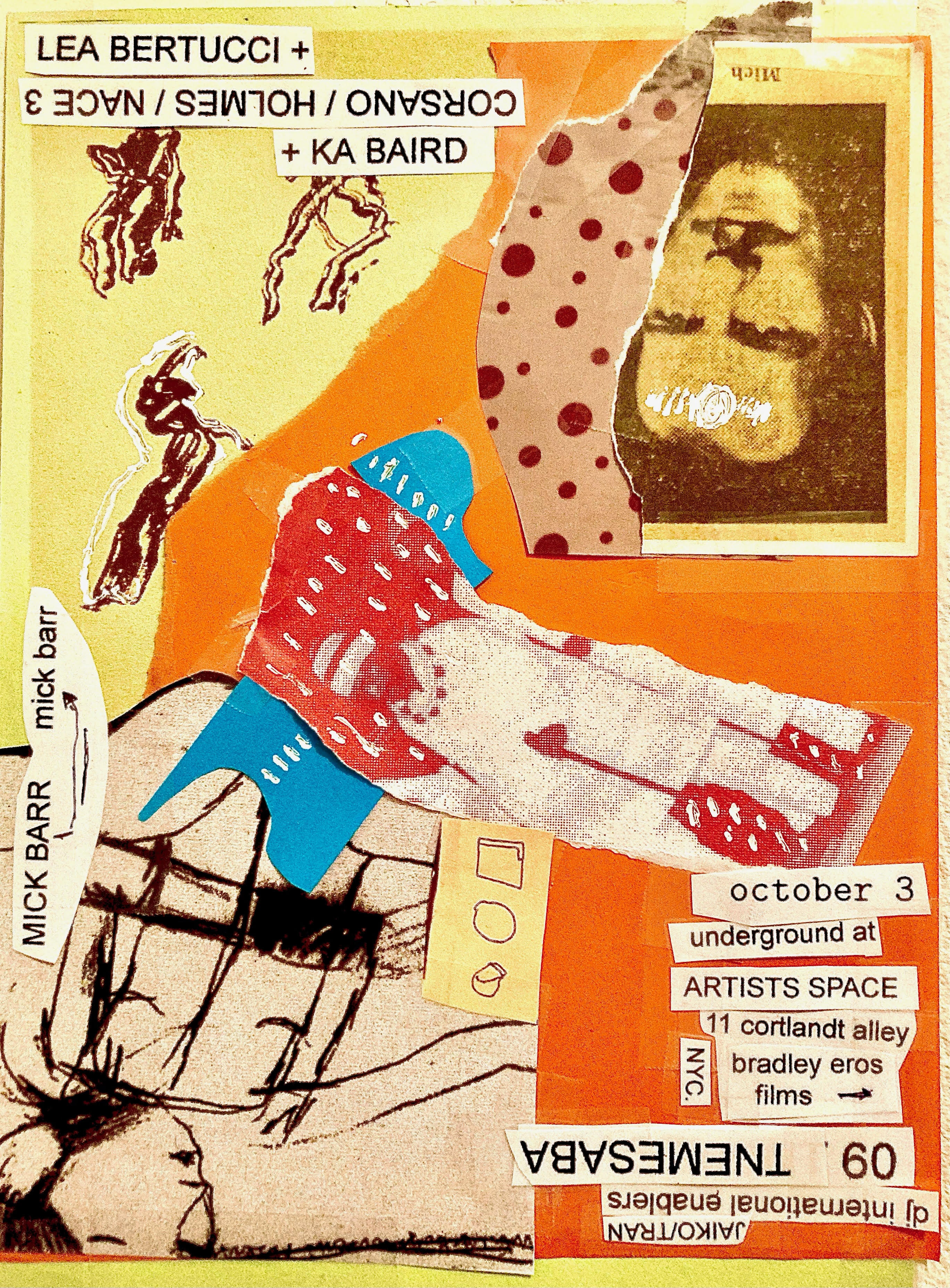 Collaged atop a yellow and orange field is a series of abstract graphic elements and an upside down image of a face. In the bottom right corner an upside down text reads 
