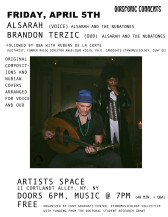 Flyer featuring a white background with black text that provides the event details. In the center of the flyer is a photograph of two figures. The left figure is seated, and playing an oud. On the right, a woman stands with her hand raised to her chin.