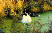 A woman in a dress standing in a swamp
