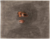 A swirling cloud of grey mist covers most of a figures face. Slivers of their eyes and mouth are revealed through holes in the blanket of grey.