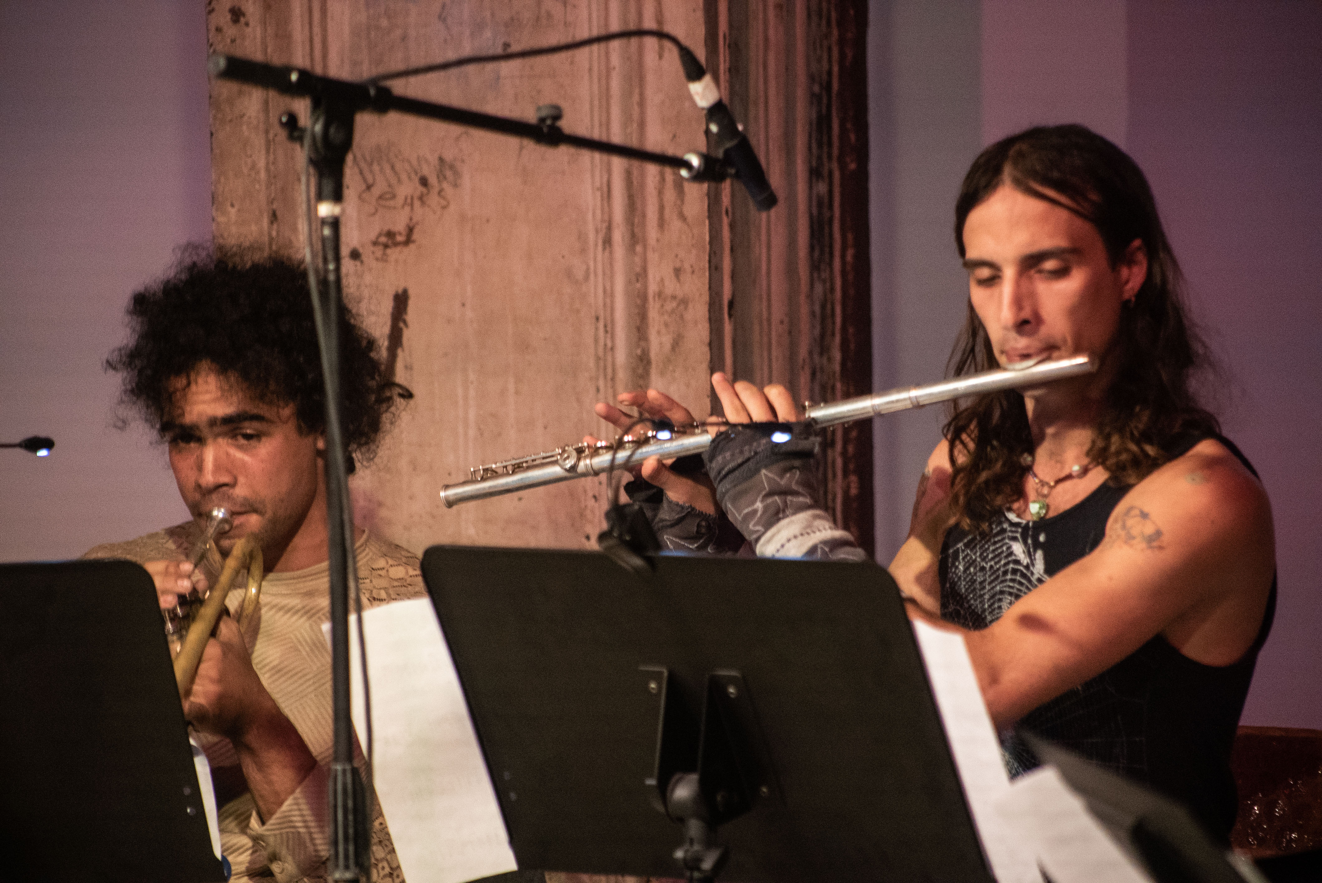Two seated musicians are pictured with a mic stand in between them. One is playing a horn and one is playing a flute. 