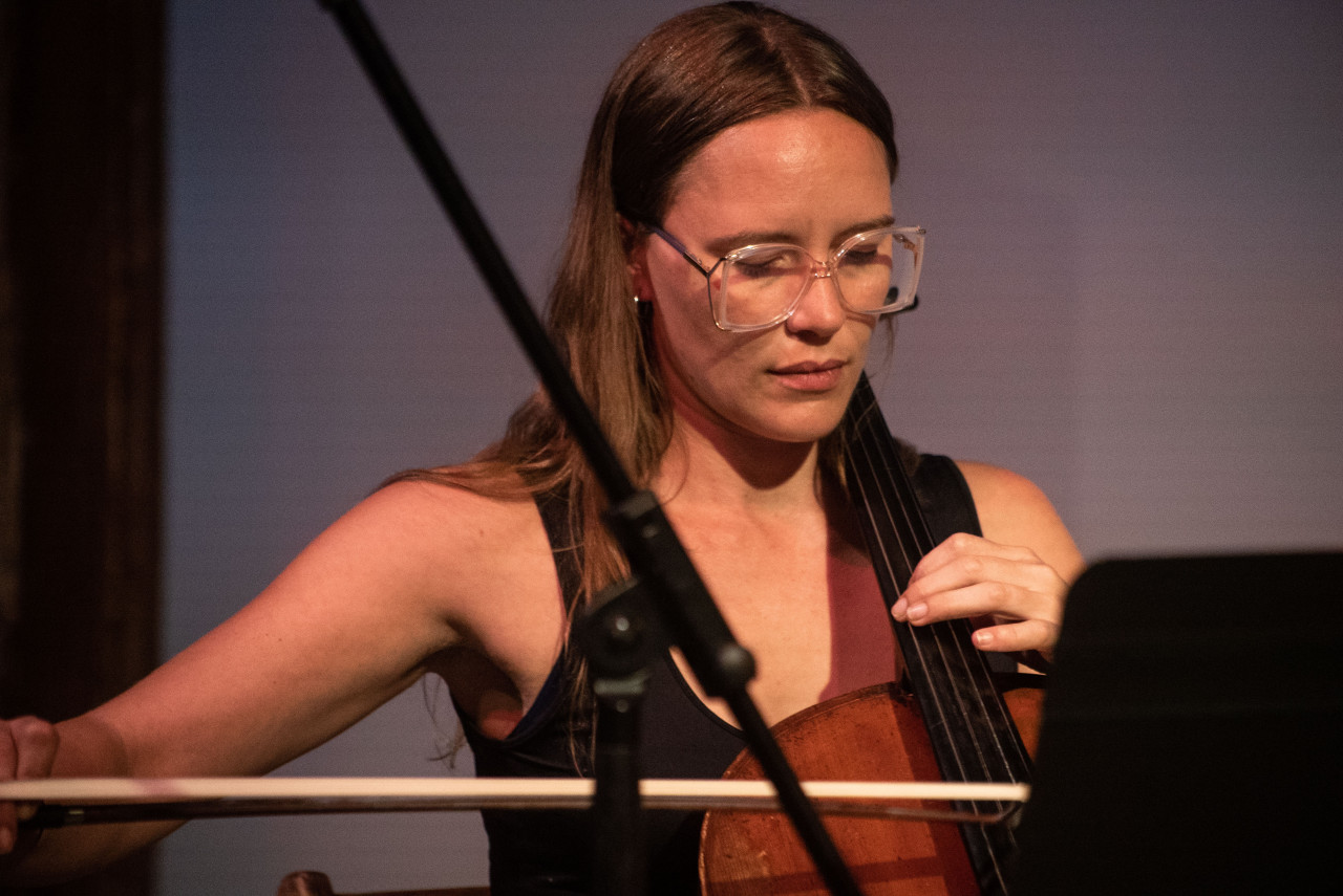 Portrait of a musician playing the cello with a bow.