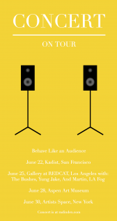 A flyer for Concert's tour, ending at Artists Space on June 30. The yellow flyer features two black speakers mounted on stands.