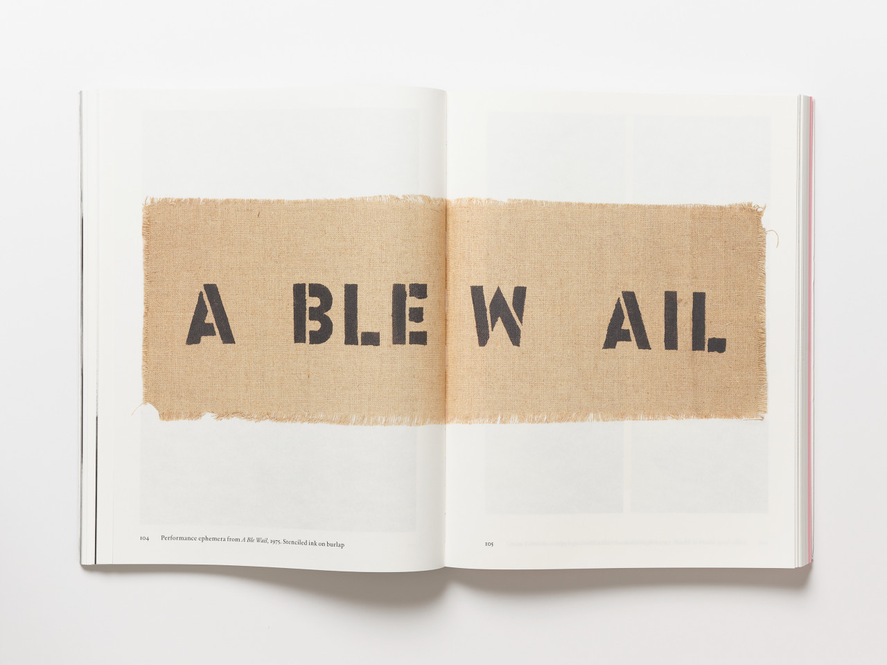 A book lays open against a white background. The book pages feature an image of a beige cloth with the text 