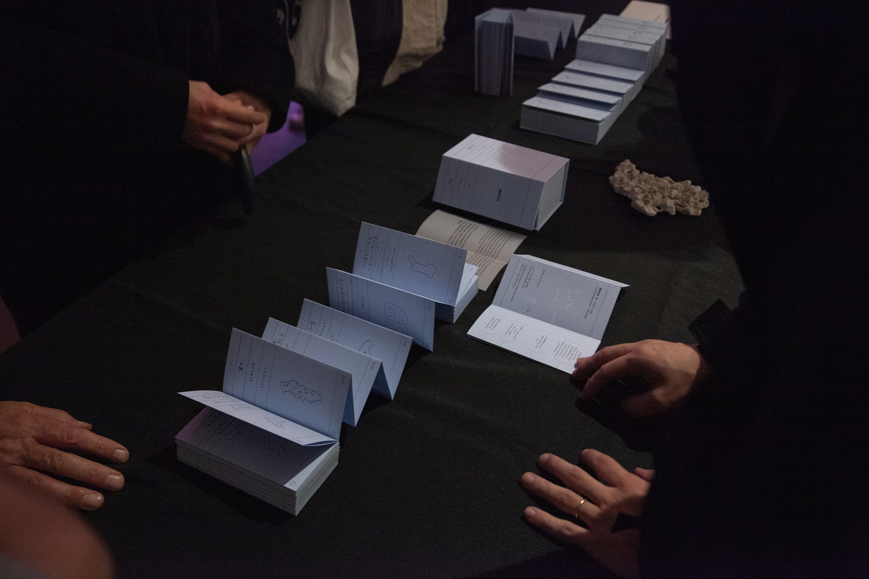 A row of small folded blue books are displayed on a black table. A piece of white coral is also placed in the middle of the table.