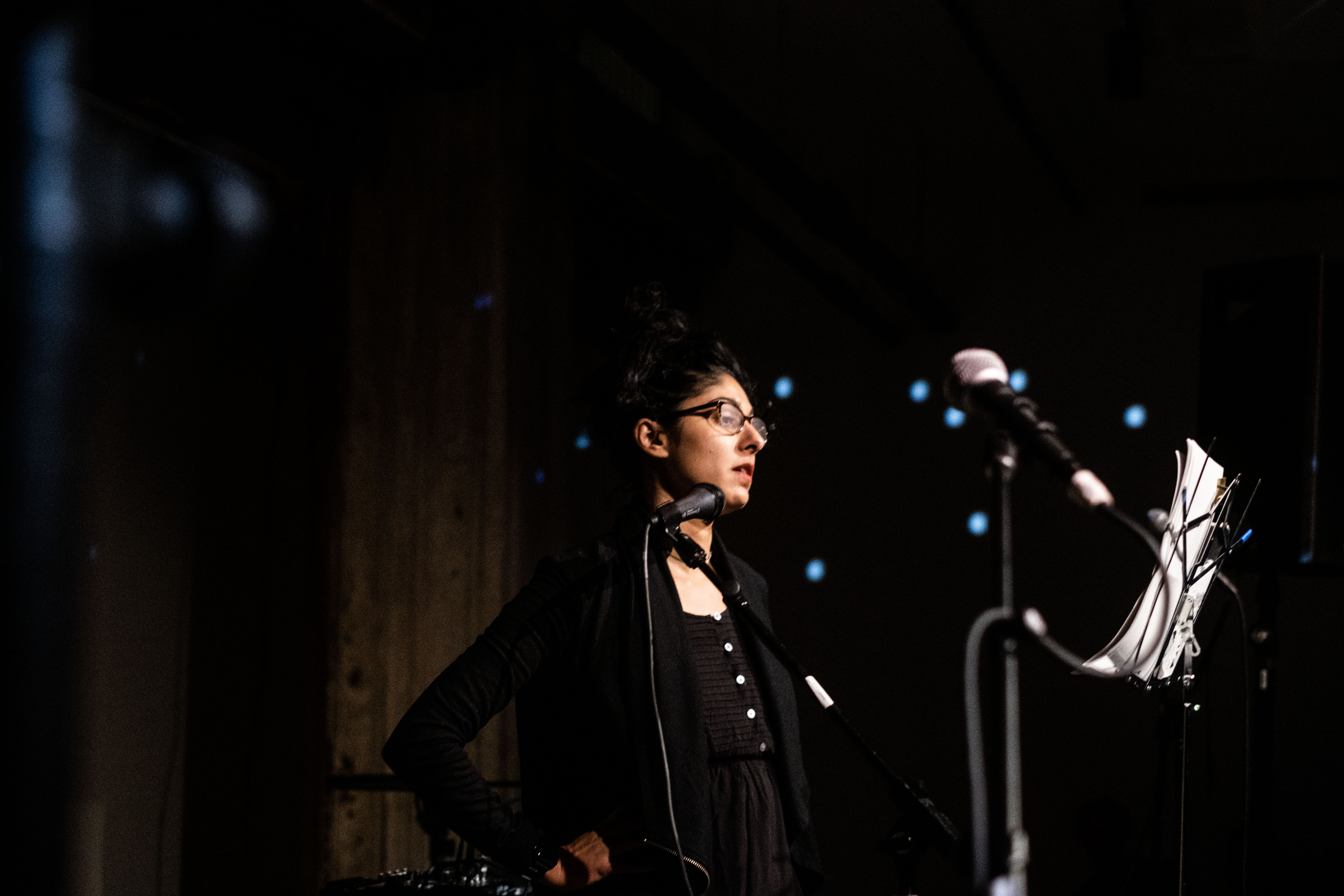 A figure is shown in profile performing on stage into a microphone, with a music stand placed in front of them.