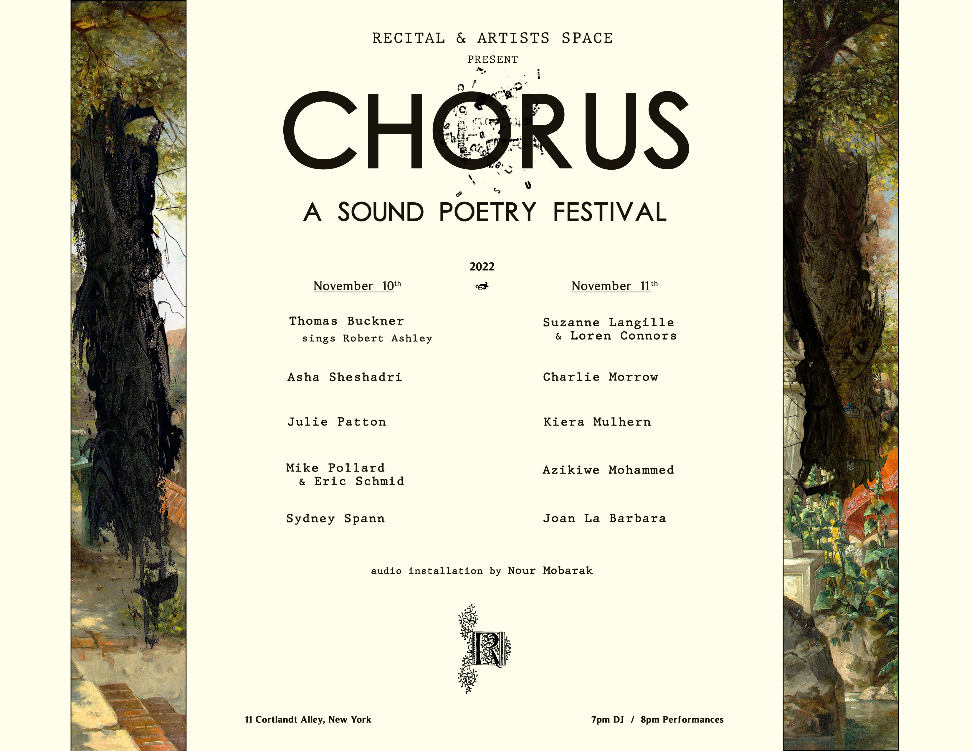 An offwhite poster with black letters framed two bands of a cropped watercolor painting announces a sound poetry festival entitled 