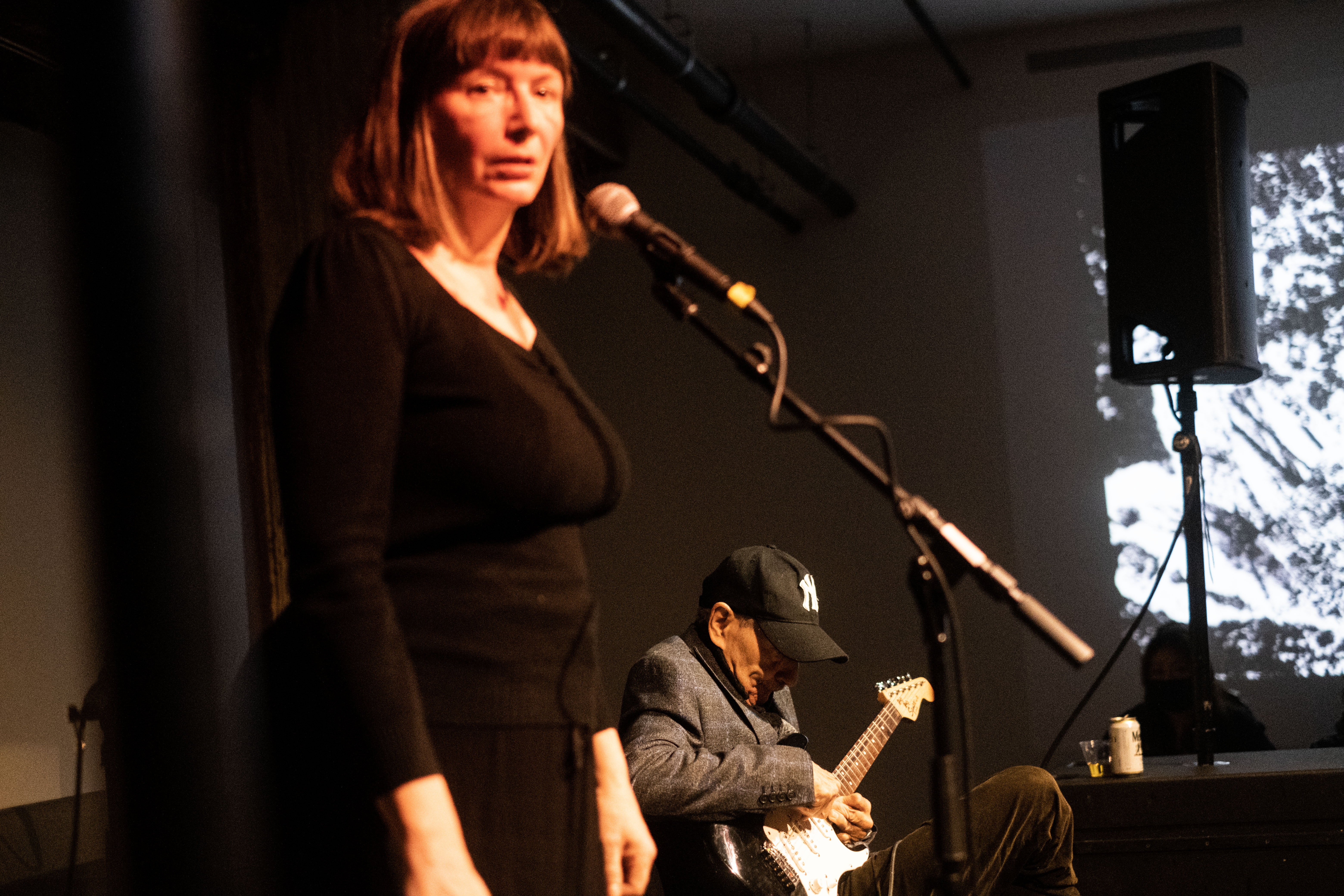 A figure on the left sings into a microphone, while on thhe right, a figure sitting down and wearing a baseball cap plays the guitar.