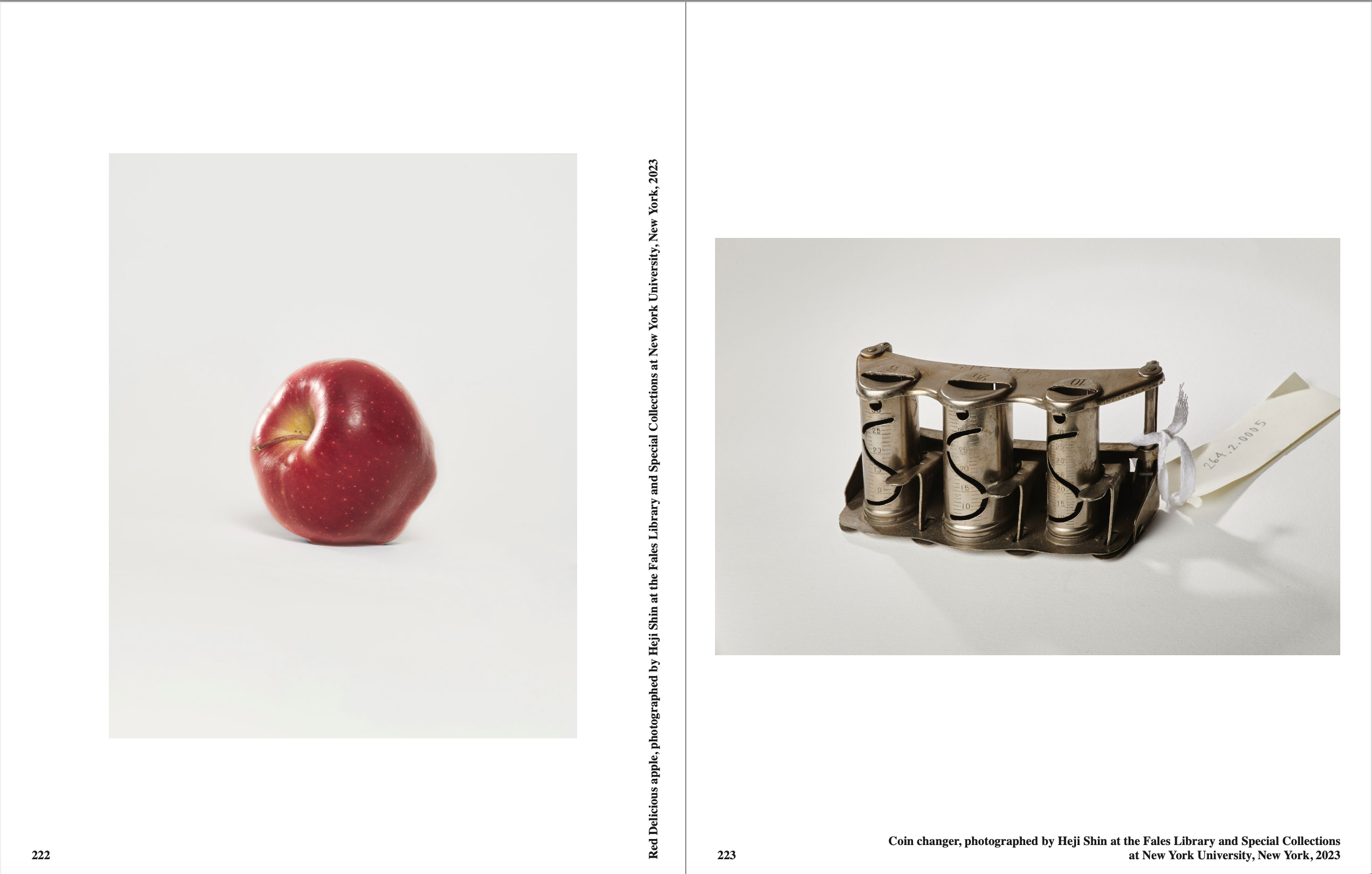 Scan of a spread of two pages in a book. On right-hand page, a red apple sits on its side. The right-hand page features an image of a coin changer with a white paper tag attached to it.