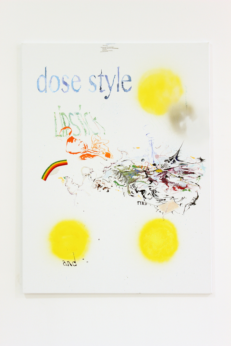 An abstract mixed-media artwork featuring three yellow circles and spatterings of multicolored paint on a white canvas. Light blue text at the top of the composition reads, "dose style."