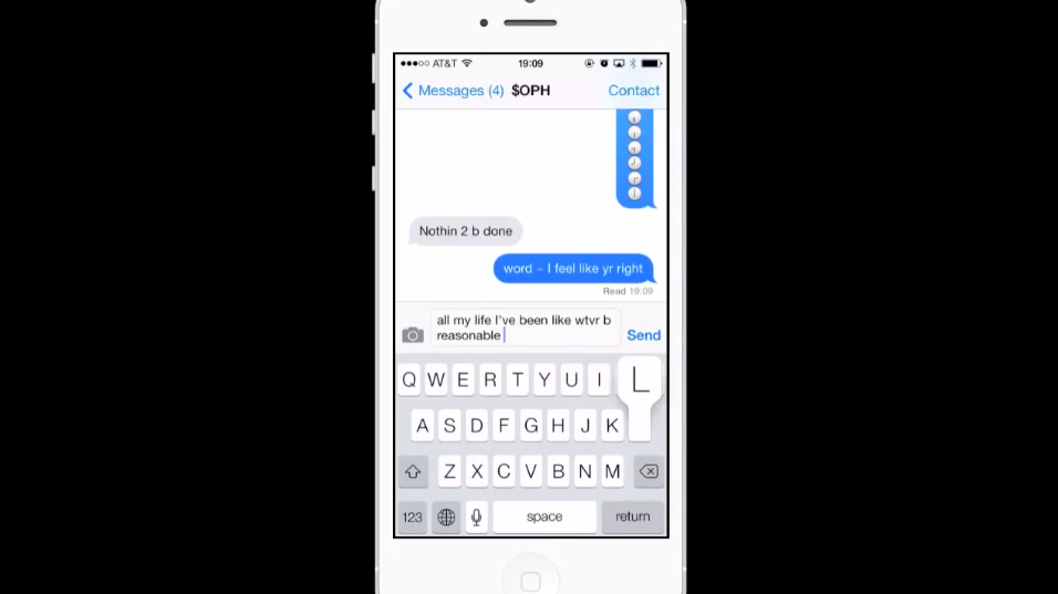Screenshot of an iPhone in the Messages app sending a text that reads, "all my life I