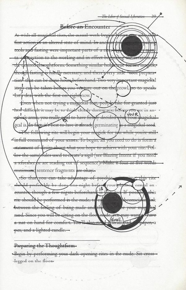 A text titled "Before the Encounter" with a strikethrough on nearly every word - drawn over with abstract black symbols and shapes, circling some words.