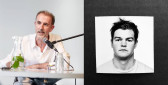 Portraits of two figures are arranged side-by-side. On the left, a figure wearing a white shirt sits at a table with different objects spread out on its surface, speaking into a microphone. On the right, a black and white photo of a figures bust sits inside a larger black square.