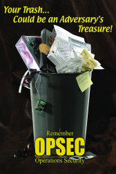 A trash can is filled to the brim with various objects including a binder, a circuit board, a film strip, a CD, and stacks of paper forms. Yellow text on a black background reads 