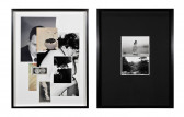 Two framed artworks side-by-side. One has a white background and features a collage of photographs, showing two people with their faces obscured by other images of nature and currency. The other artwork features a black background and two smaller photos arranged one on top of the other. The top image depicts a woman looking back at the camera, and the lower image depicts a forest.