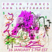 Collaged computer graphic of ranging scale palm trees, green peppers and other objects. Pink text over the top half of the image reads 