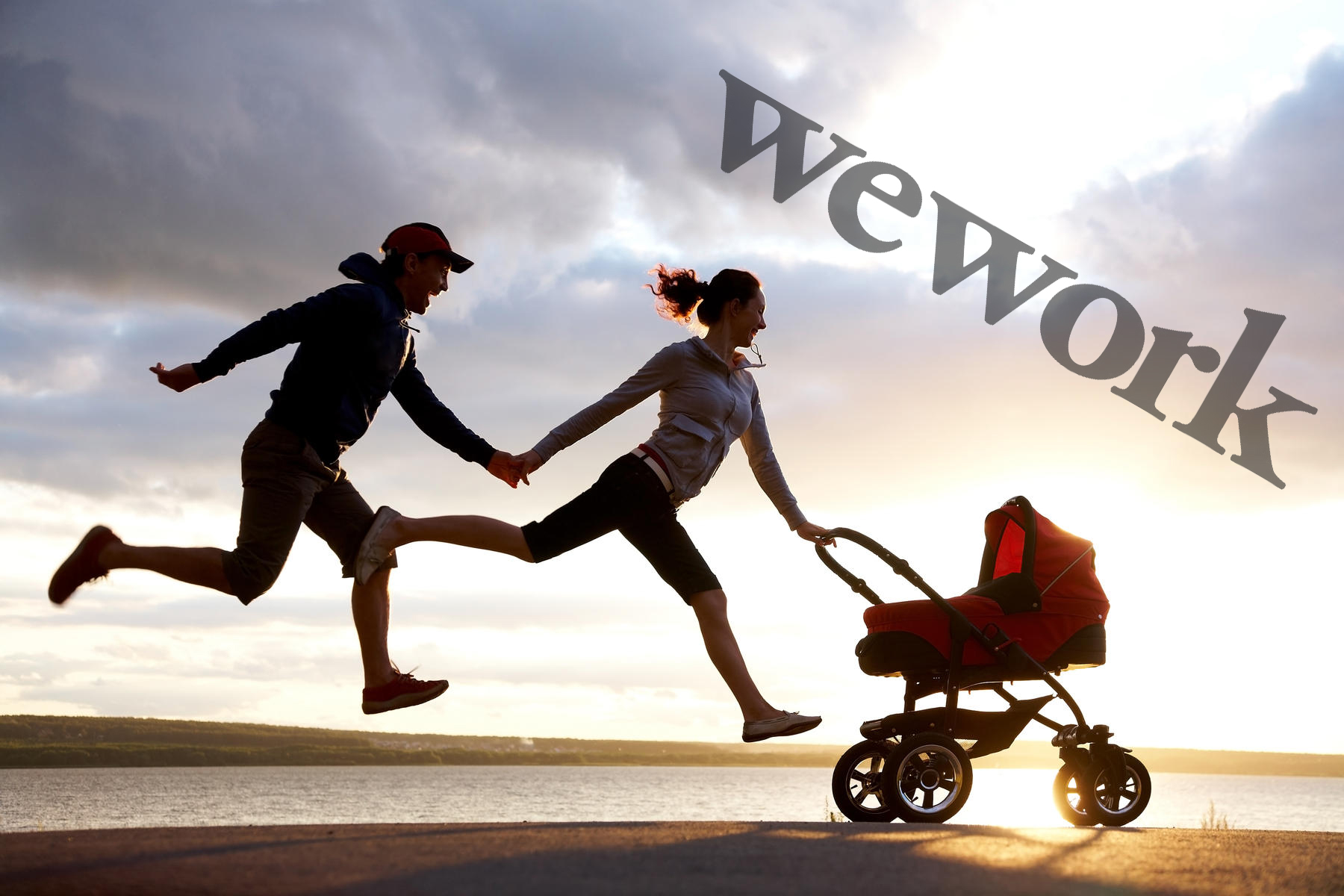 A man and woman hold hands while running, captured as though suspended above the ground. The woman pushes a red baby stroller in front of her. The scene is backlit, with the sun over a body of water behind them. On the upper right hand corner is the logo for 