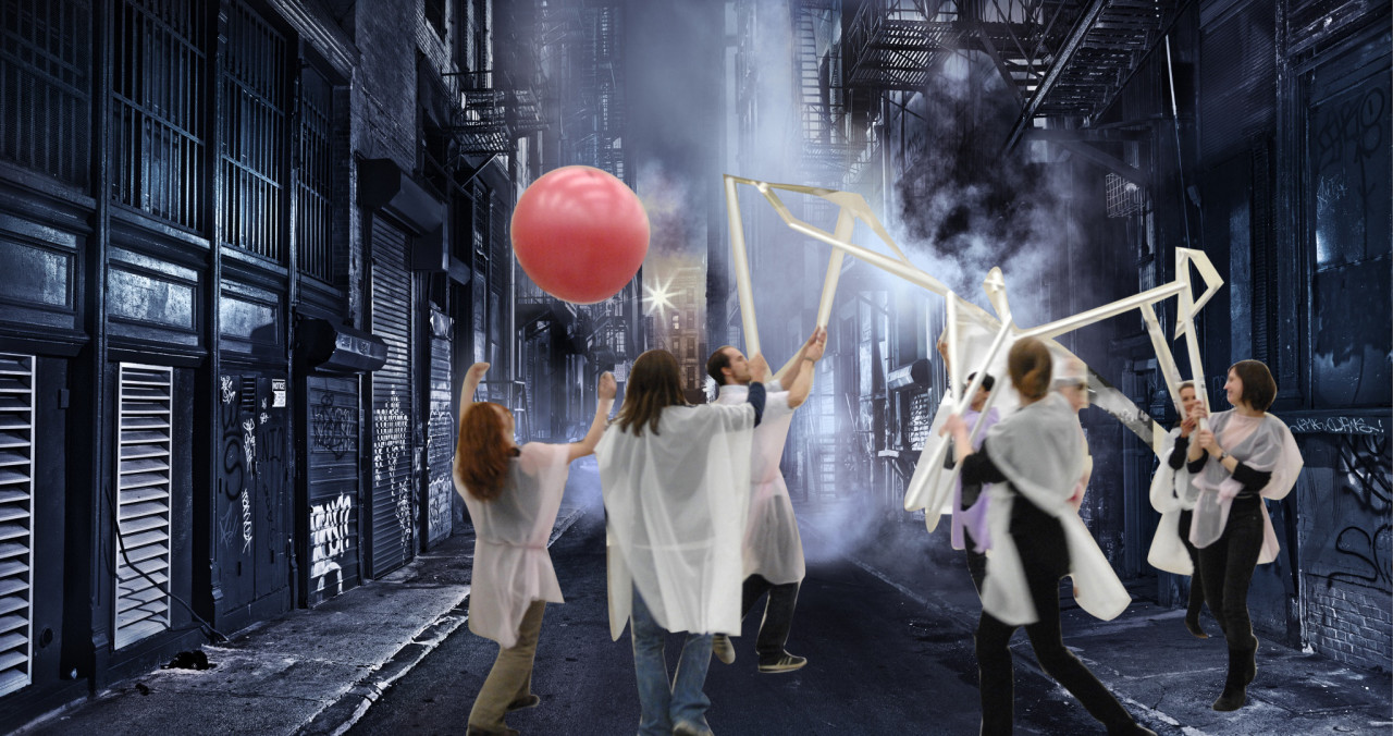 An image of people in a circle wearing white ponchos holding white streamers and a large red balloon is superimposed on top of a city street, rendered in shades of black and grey.