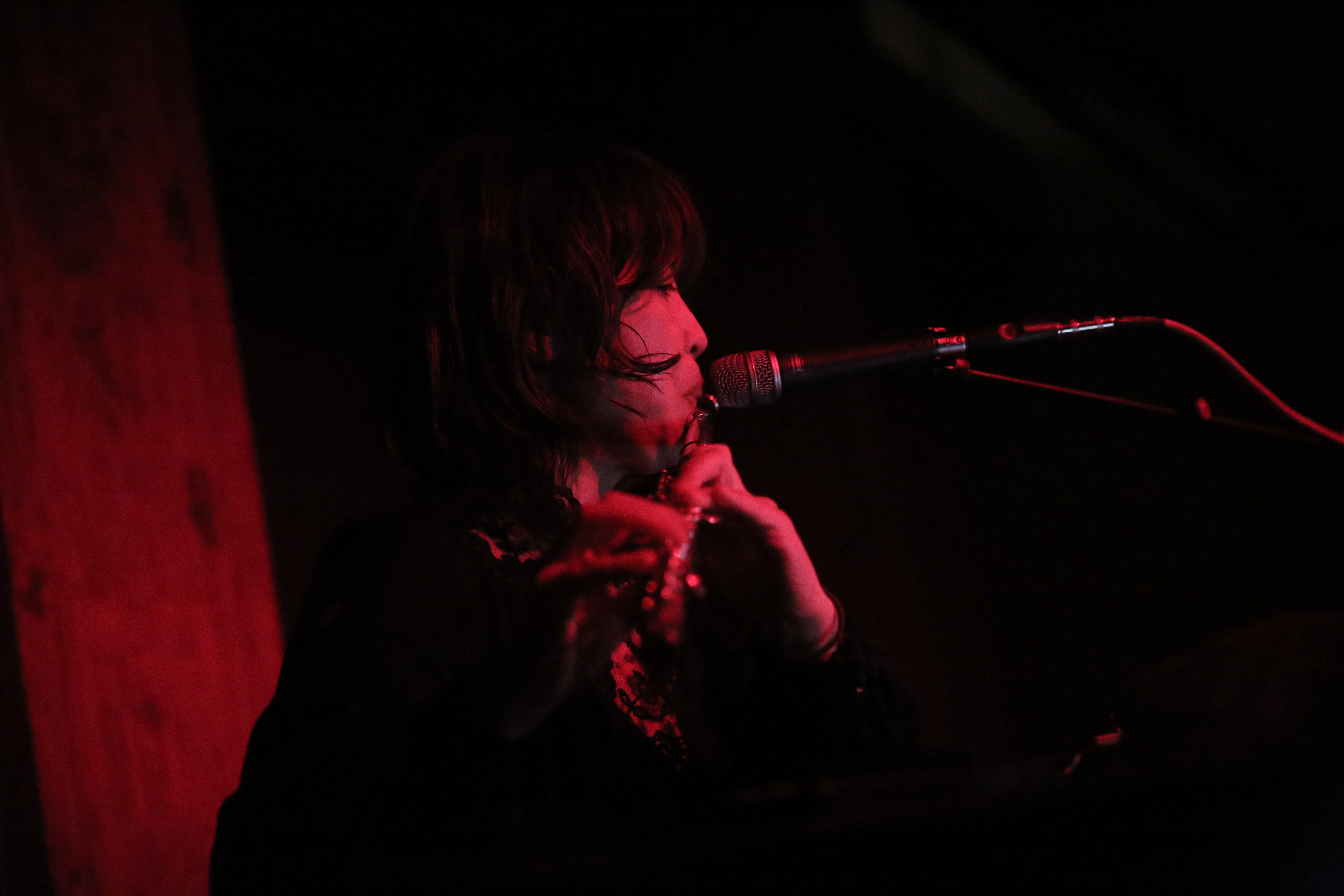 The upper body of a figure appears in front of a microphone, into which they play the flute.