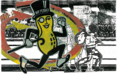 Collage featuring a color image of the Mr. Peanut brand logo surrounded by black-and-white imagery, including a boy carrying a bindle.