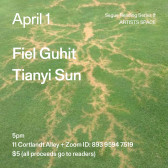 White text overlays a green and pink marbled background. The text reads: “April 1 / Fiel Guhit / Tianyi Sun.