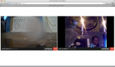An internet browser displaying artistsspace.org/stream with two videos shown side-by-side, streaming from Ustream. On the left, a camera near the floor shows an empty room and a wall with the words 