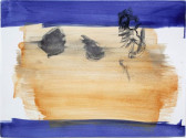 An abstract painting composed of central strokes of light orange paint framed from above and below by two stripes of blue paint at the composition's top and bottom edges. Black paint markings punctuate the wash of orange color.