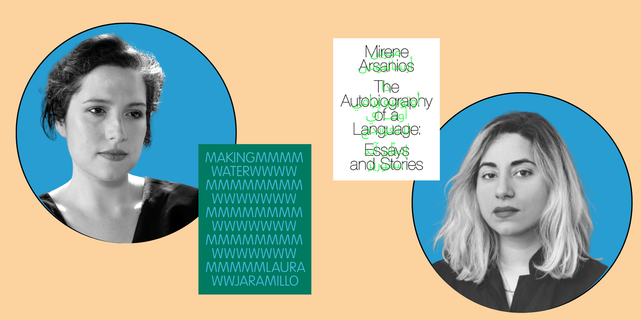 Two black and white portraits appear in blue circles atop a salmon-colored background. A text panel near the left portrait says 