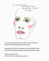 Flyer featuring a drawing of a face in black ink with accents of pink and green on the mouth, cheeks, and eyelids. Handwritten text on the top reads 