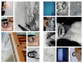 Fifteen images arranged in a grid, depicting close-ups of human faces and arial views of war.