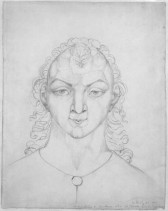 A pencil-drawn portrait of a person with curly hair, the bones of the forehead well-defined.