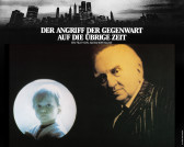 A poster design featuring two figures—a child and an older man—superimposed on a dark backdrop. The child's image has a blue hue and takes the shape of a circular cut-out, while the older man's image has a yellow hue. Above both figures, white text superimposed against a towering city skyline reads, 