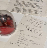 A snowglobe with a portrait photograph inside sits on a surface next to three sheets of paper featuring typewritten and handwritten notes.