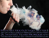 A woman vaping in profile against a black background. An image of another woman and a child are visible in her exhaled smoke.