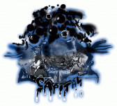 A blue, black, and grey image of a cluster of wires, an equestrian sculpture, and an orb, surrounded by amorphous forms. At the bottom of the graphic, the word 