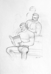 A drawing shows a man reading a magazine while sitting on the couch. A shirtless man leans on the couch behind him, reading the magazine over the seated man's shoulder.