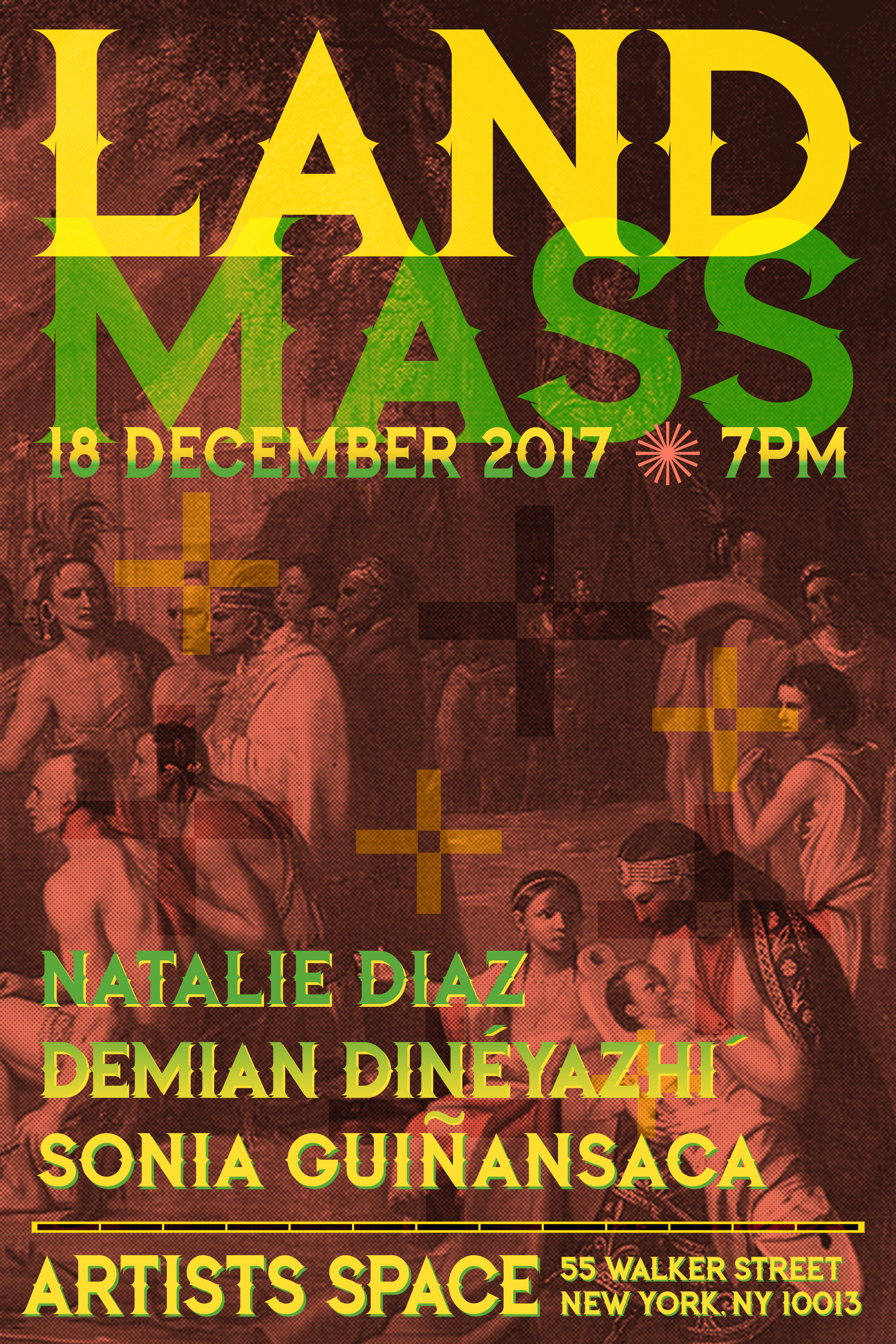 Poster with a red-filtered image of a colonialist painting. In green and yellow font at the top of the image it reads, 