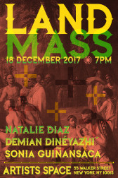 Poster with a red-filtered image of a colonialist painting. In green and yellow font at the top of the image it reads, 