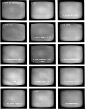 A grid of fifteen black and white monitors, each displaying a unique text that names objects, phenomena, or other nouns characterizing an unidentified subject, such as 