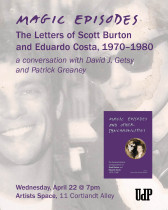 Purple text against a black-and-white photograph reads 