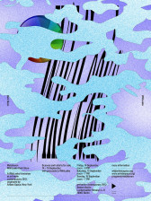 A poster design with a light, gradated purple background with cloud-like, blue patterns laid overtop it. The cloud forms partially obstruct a large, digital rainbow wheel and extremely elongated text that reads 