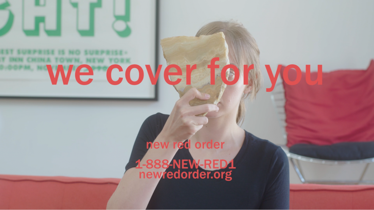 Red text reading “we cover for you / new red order / 1-888-NEW-RED1 / newredorder.org” is overlaid on an image of a person in a black shirt holding a rock in front of their face.