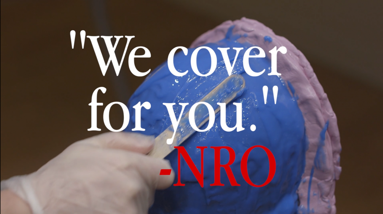 Text reading “'We Cover for You. / – NRO” is overlaid on an image of a plastic gloved hand that applies blue plaster with a wooden stick.