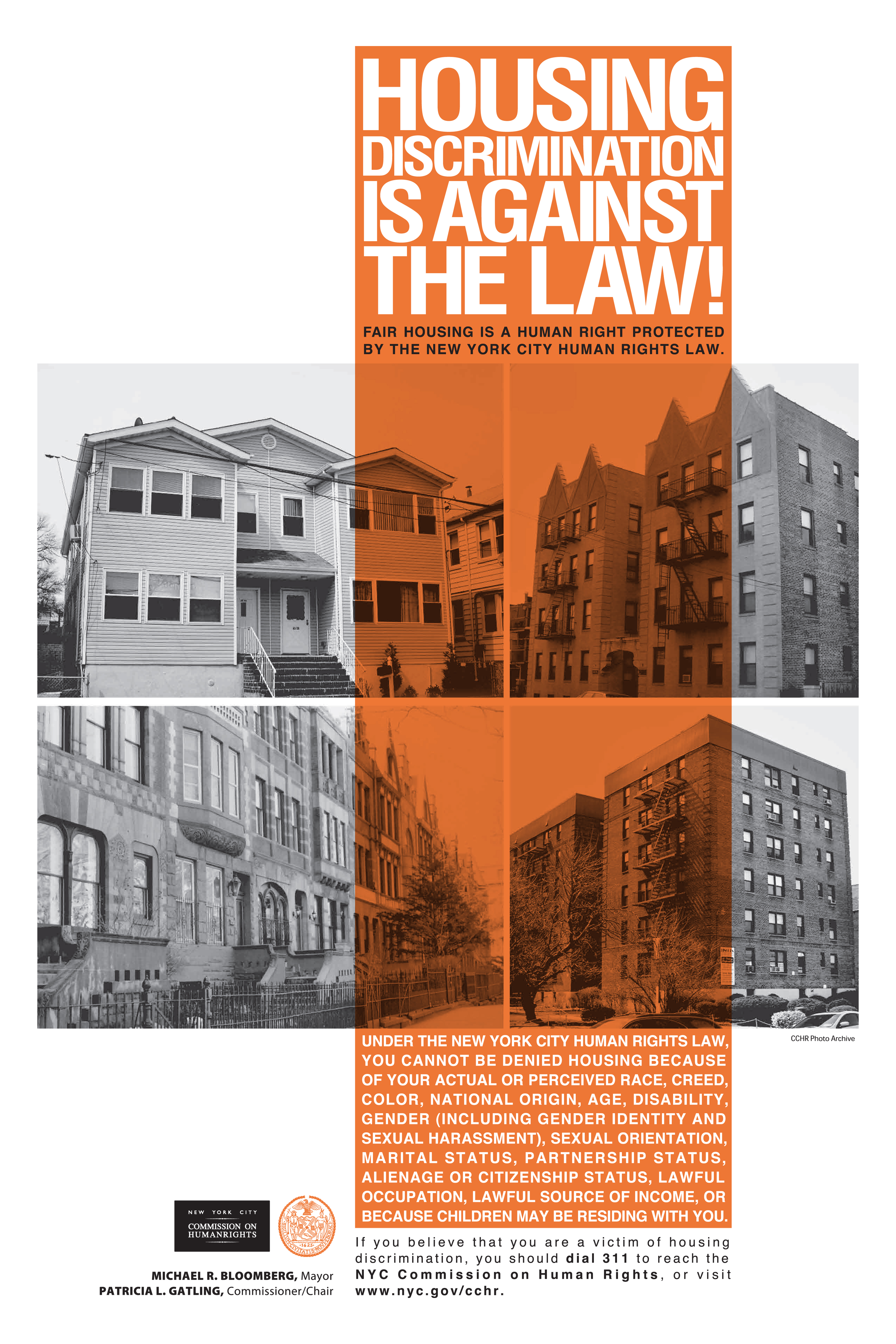 A flyer featuring black and white photos of NYC housing developments and an orange column with text that reads, 
