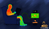 A BTCManager graphic showing a thermal view of a seated figure adjacent to a display screen depositing bitcoins.