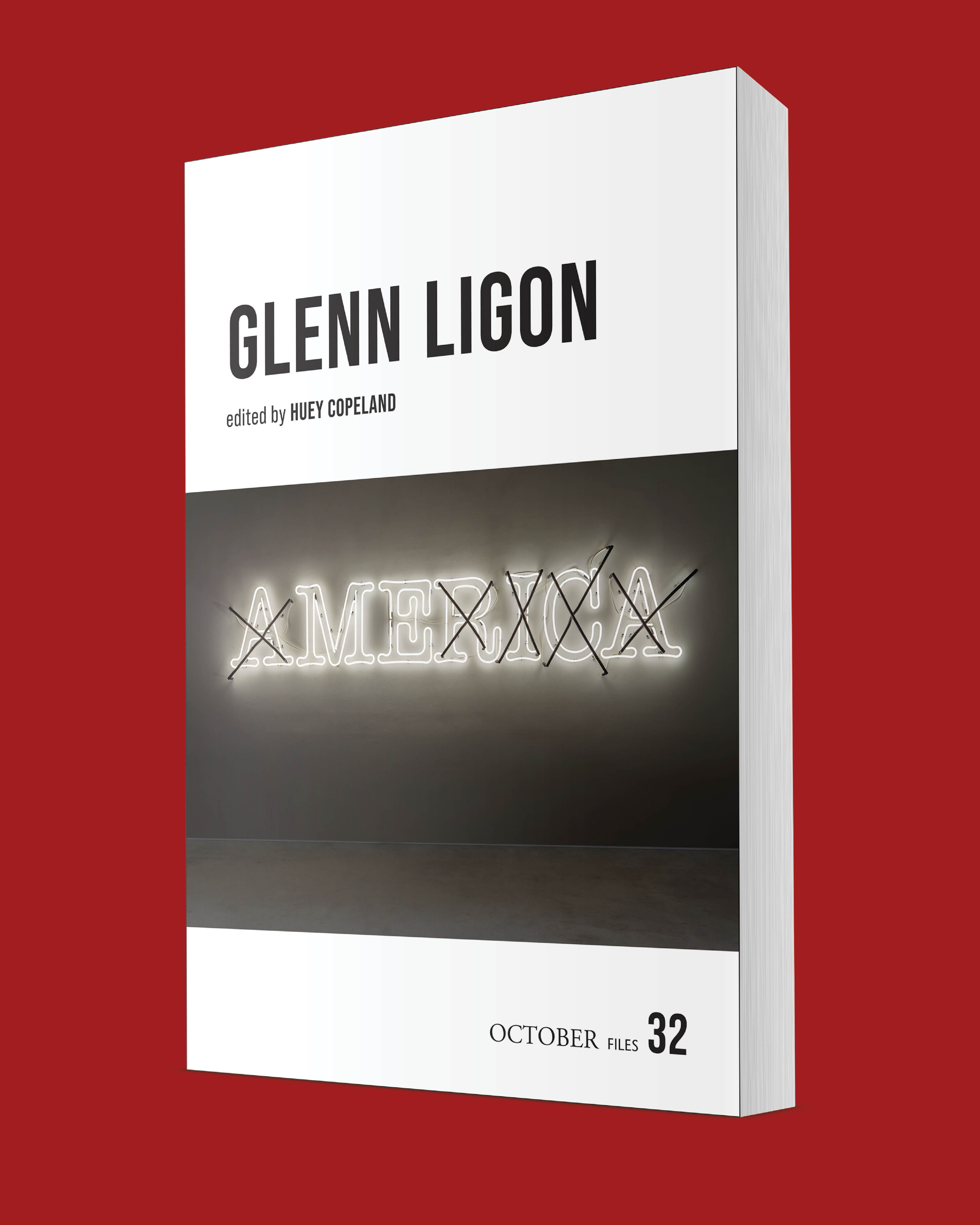 A book cover is shown against a red background. The cover features a black-and-white photograph of a white neon sign that reads 