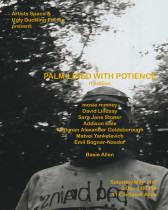 Yellow text on a blurry black-and-white photograph. The photograph features a figure standing against a background of trees. The text contains the event details.